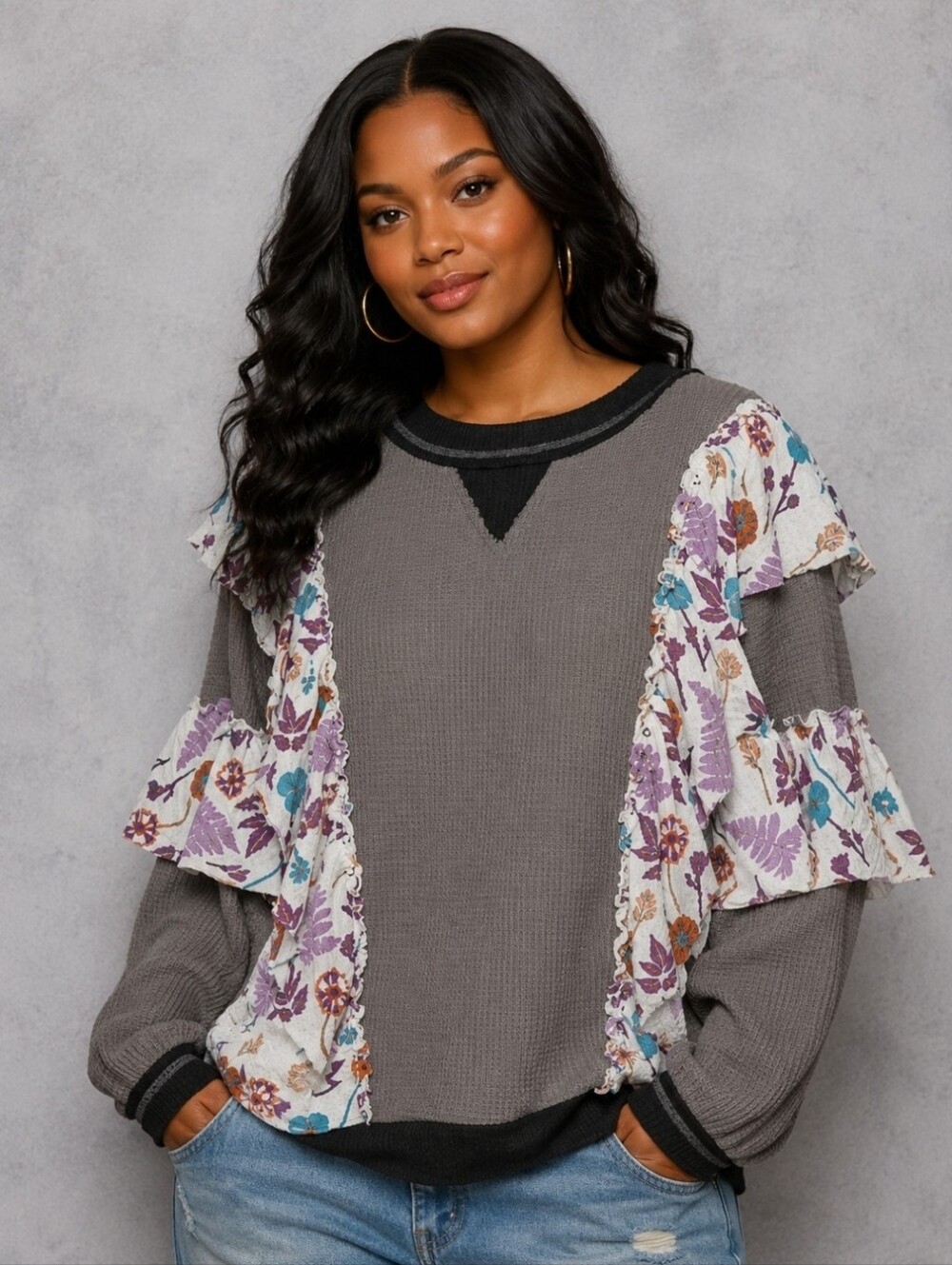 NEW!!! POL Floral Ruffle Gray Sweater, Sz Large, NWT